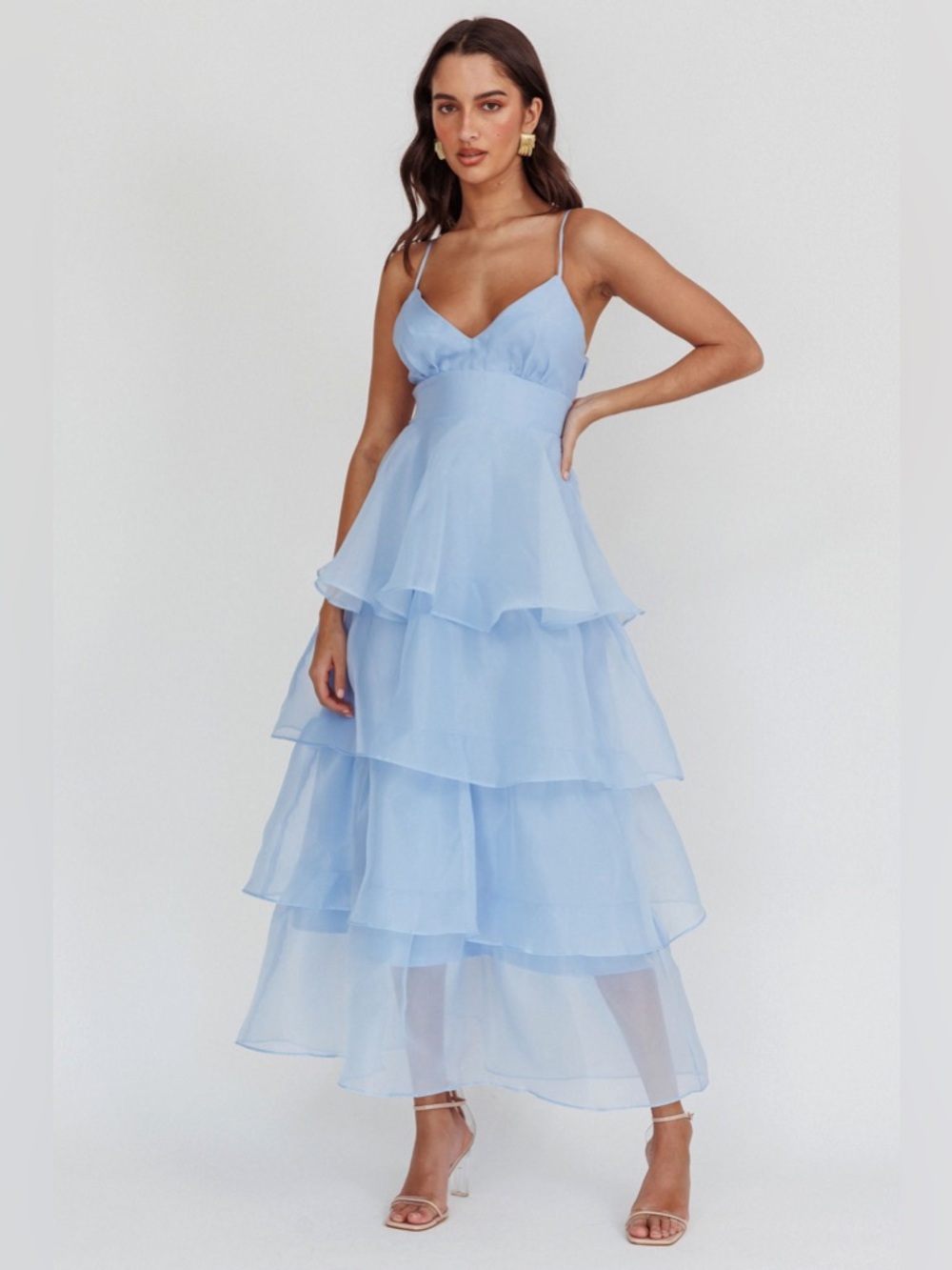 Saints & Secrets Blue Tiered Tulle Maxi Dress Strappy Back Formal SIZE L NWT